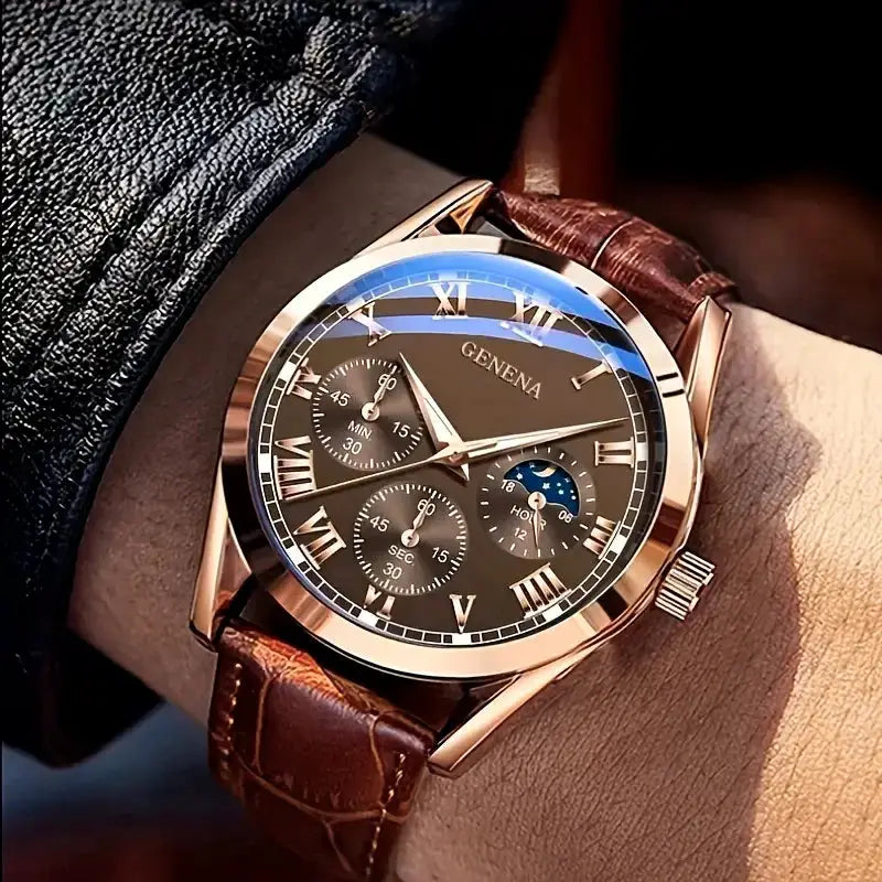 Men's Business And Casual Quartz Watch With Leather Band Roman Numeral Dial Durable Alloy Case