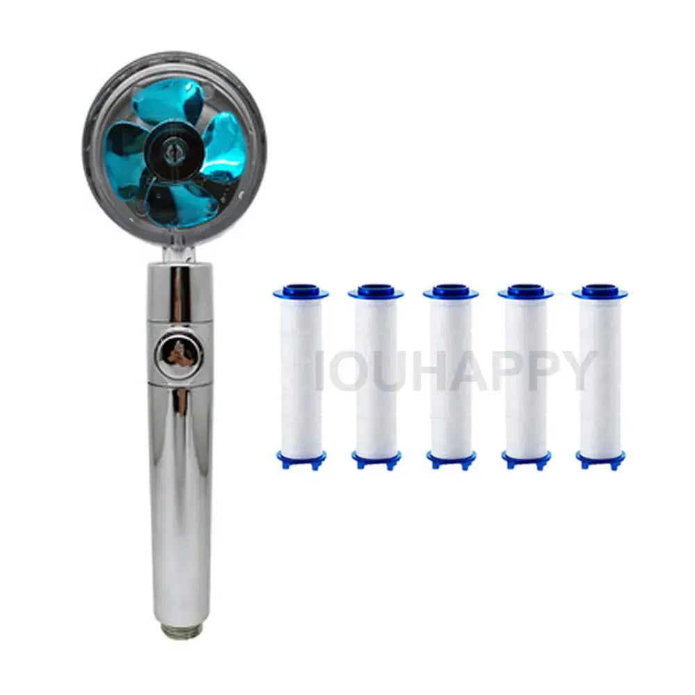 High pressure handheld shower head with filter and one-click stop, chrome finish; includes five replacement cartridges