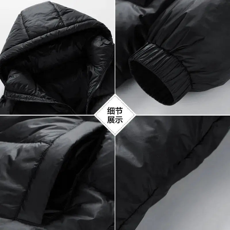 Men's black hooded down coat with 90% white duck down, puffer jacket