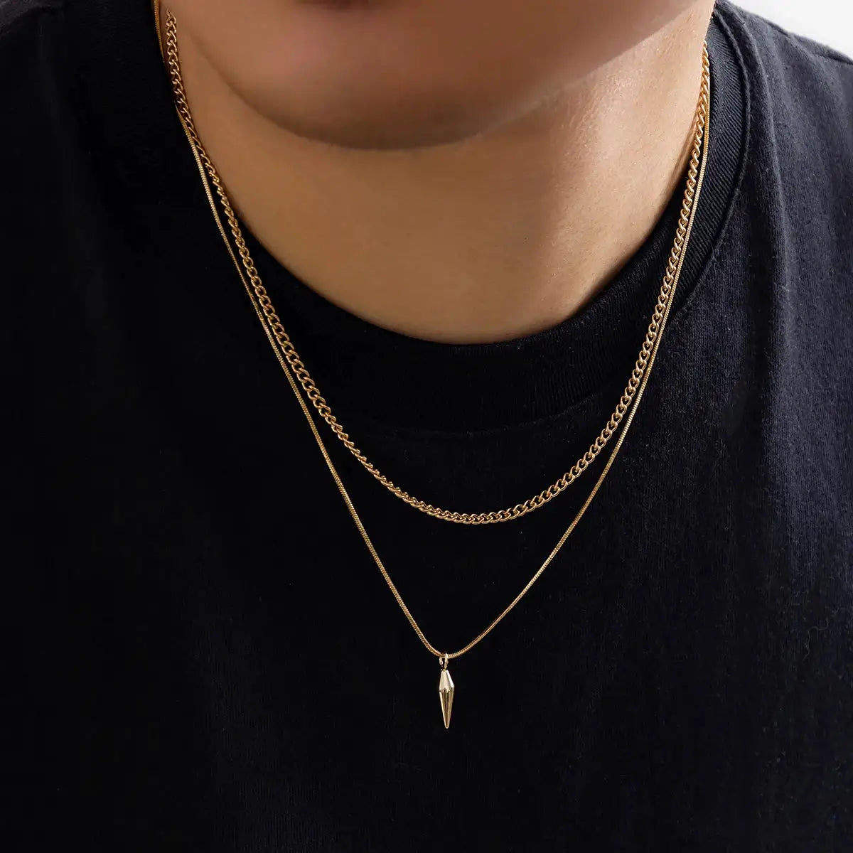 KunJoe 2pc stainless steel pendant necklaces with gold-tone thin snake chain and Cuban link, dagger pendant, unisex.