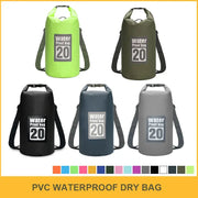 Simples Market PVC waterproof dry bag set of five 20L bags in lime green, olive, black, blue-gray and gray.