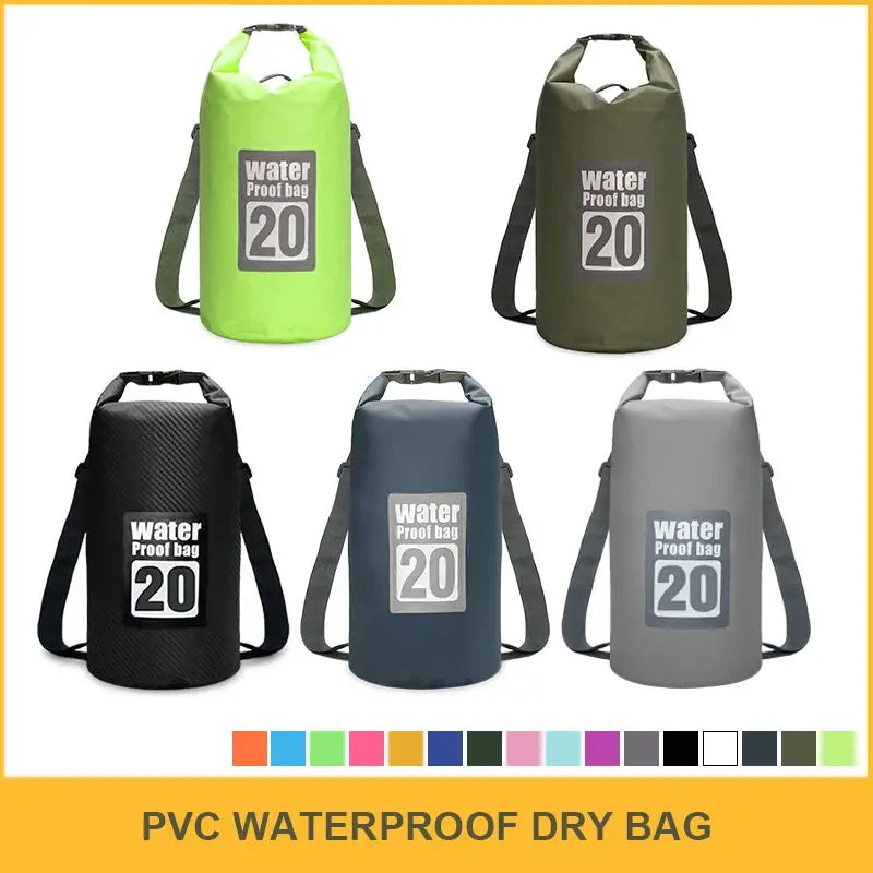 Simples Market PVC waterproof dry bag set of five 20L bags in lime green, olive, black, blue-gray and gray.