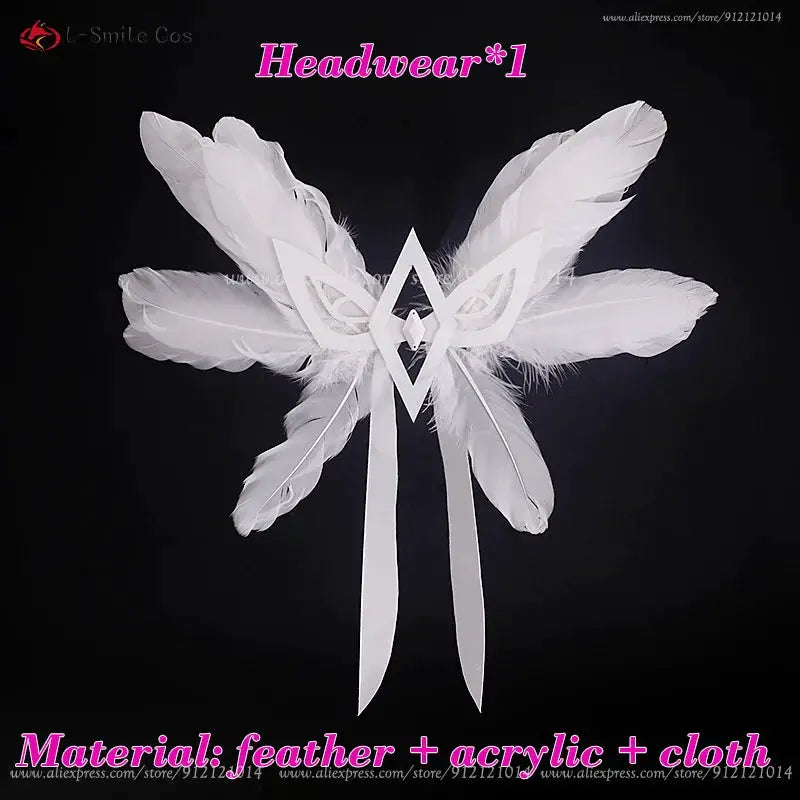 White feather headpiece for Columbina cosplay by Simples Market with acrylic centerpiece and long ribbons
