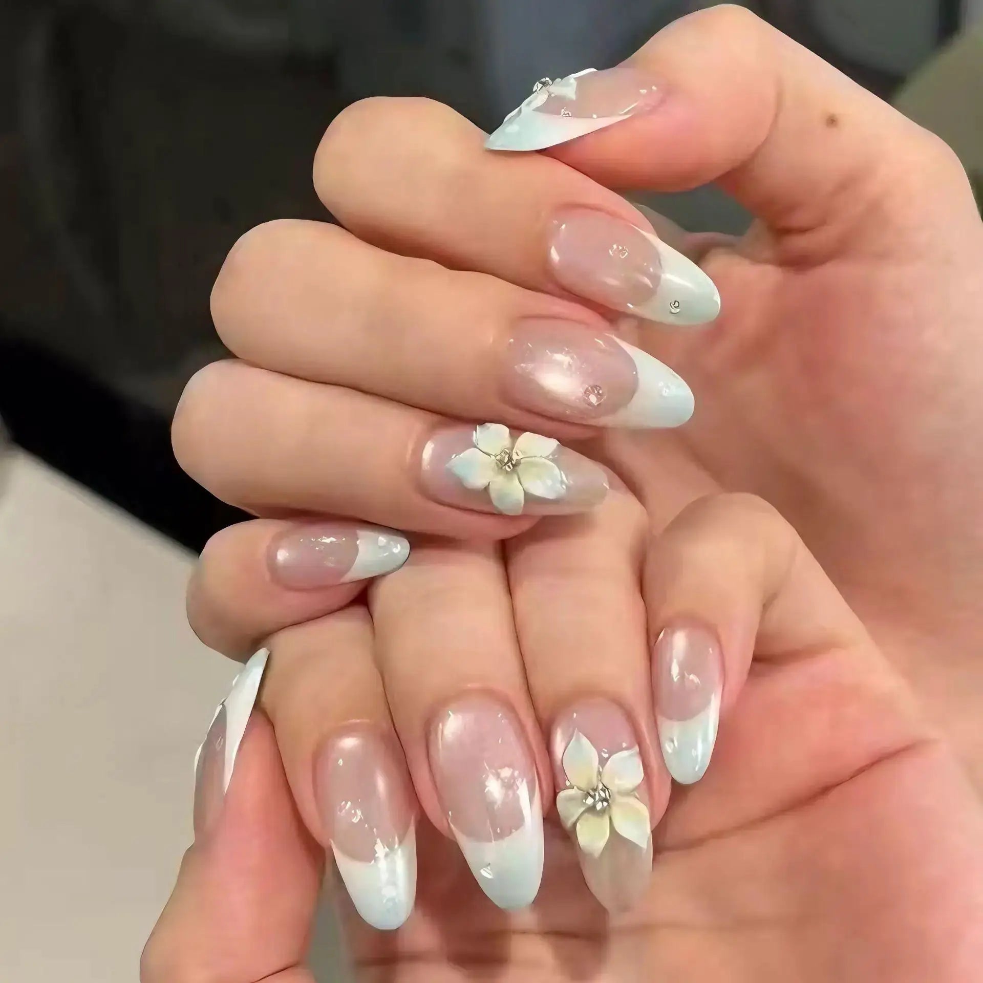 GlamNail Pink Almond Press On Nails Full Coverage Carved Flower 3D Ripple French Tips Golden Pearl Finish