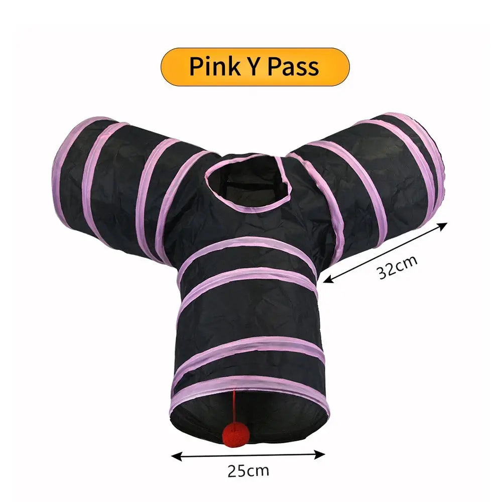 Cat tunnel by Simples Market, foldable Y-shaped play tunnel in black with pink rings and a red ball