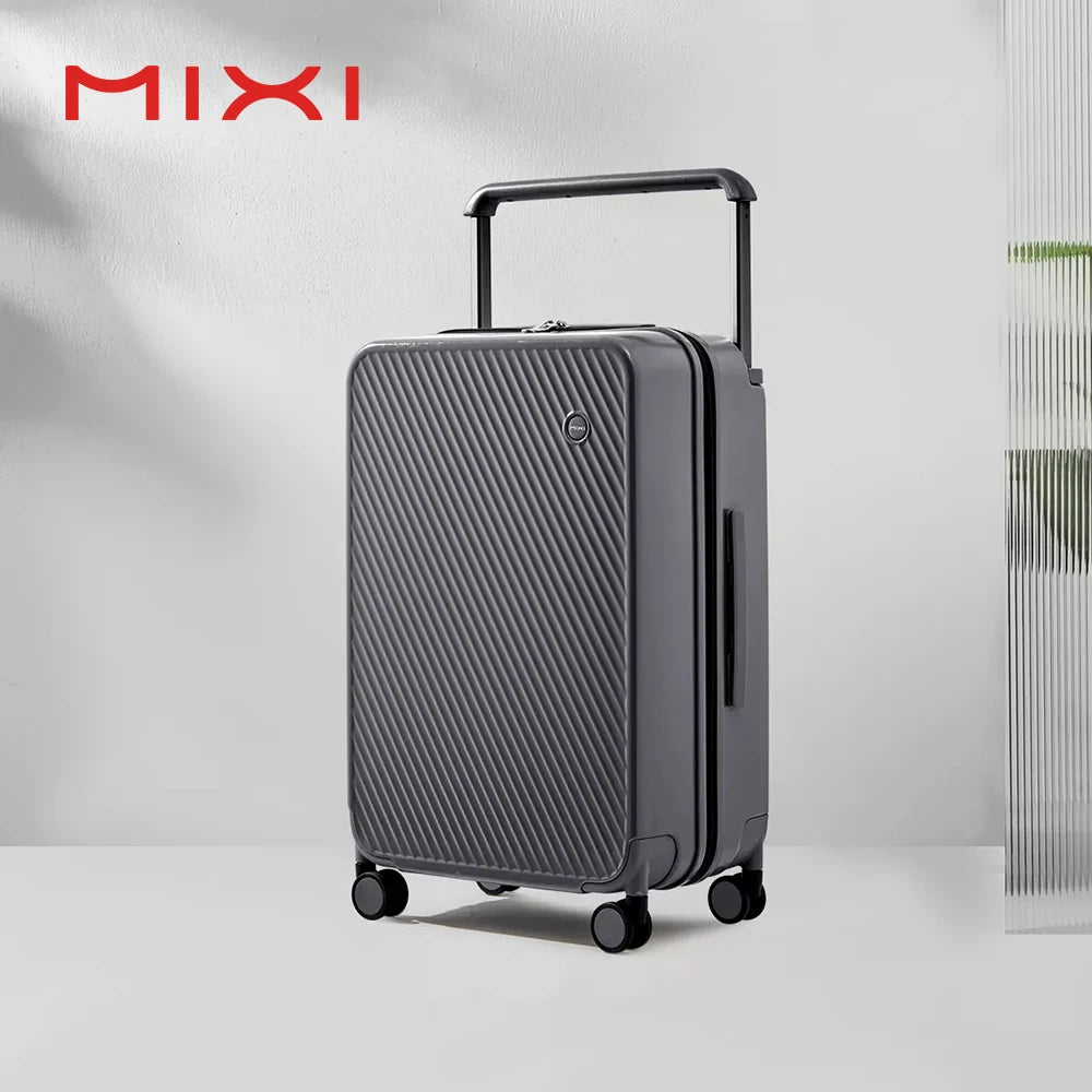 Mixi travel luggage suitcase with wide handle, gray hardside PC with diagonal ridged pattern, four spinner wheels
