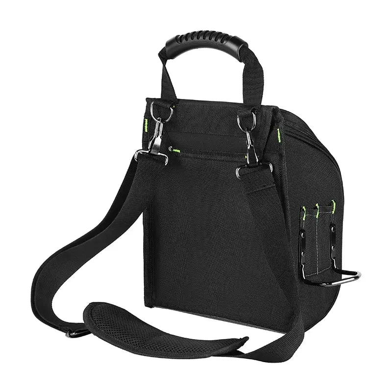 JAKAH professional electrician's tool pouch with padded shoulder strap, ergonomic rubber handle in black with green accents