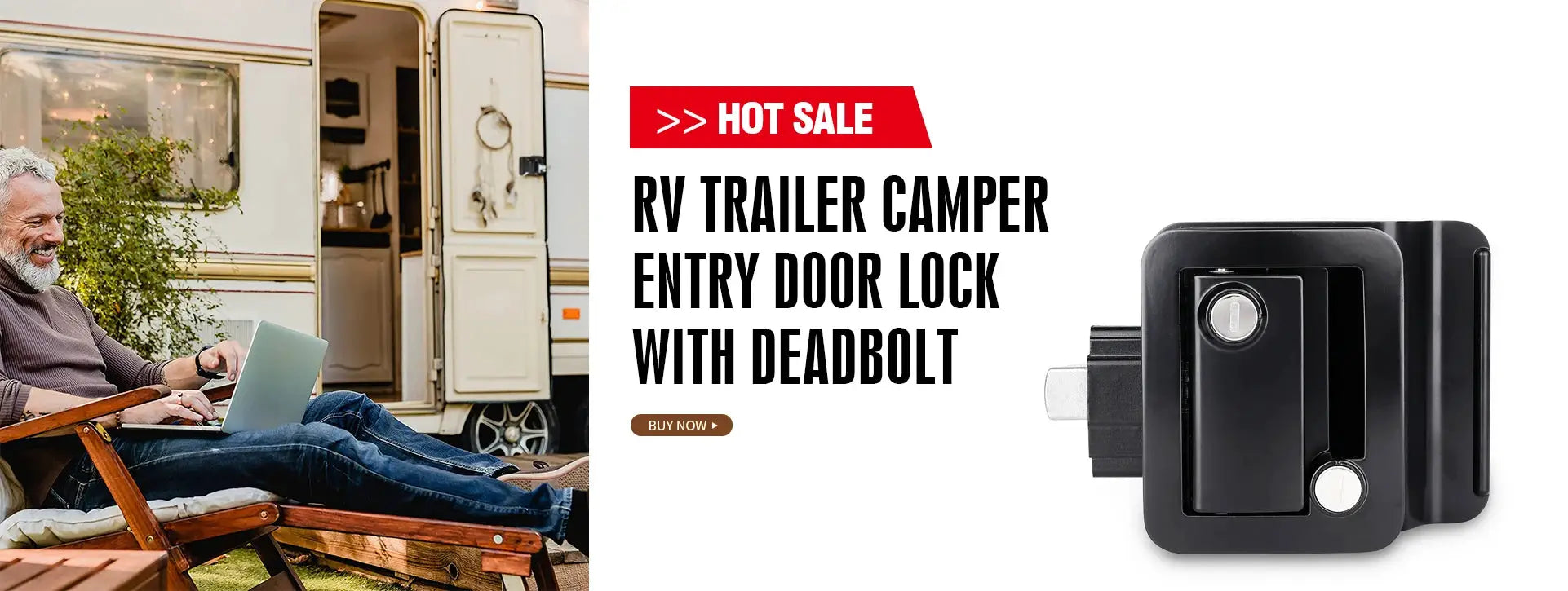 RV entry door lock with deadbolt, black metal, shown in a split-banner ad beside a man with an RV.