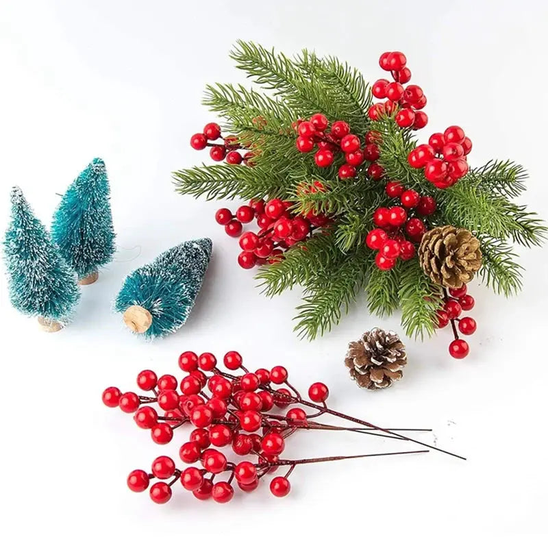 Christmas artificial pine branches with red berries and pinecones, Simples Market 10Pcs