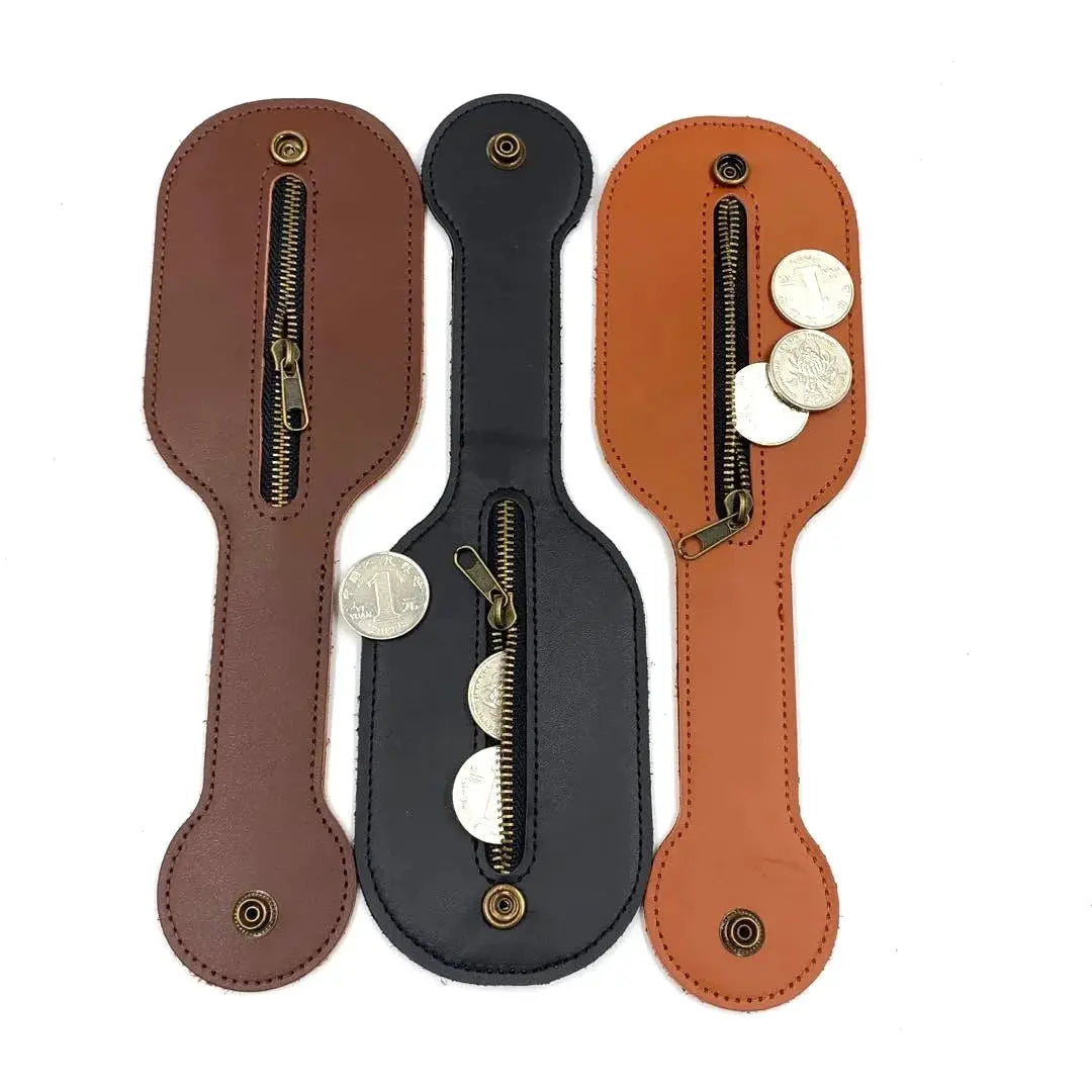 KISMIS vintage leather coin purse multi-tool wallet set: three zippered, elongated pouches in brown, black and tan