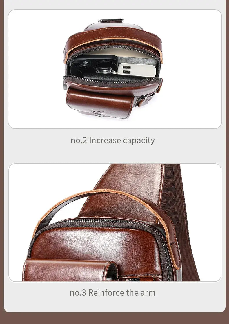 BULLCAPTAIN men's genuine leather chest bag, brown crossbody phone bag for 7.9-inch devices with anti-theft design