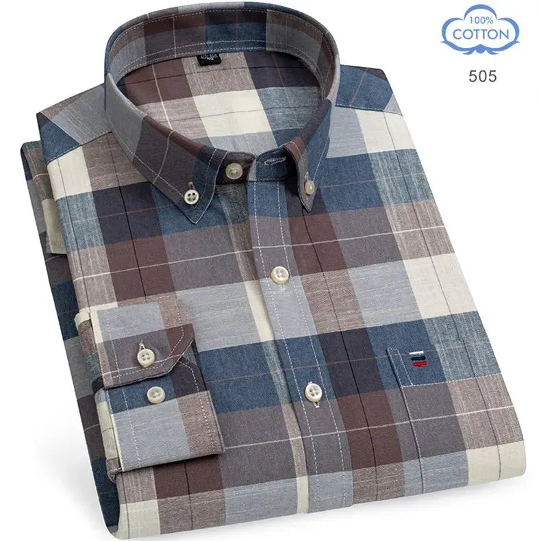 Simples Market men's 100% cotton oxford shirt, long sleeve, blue-brown plaid