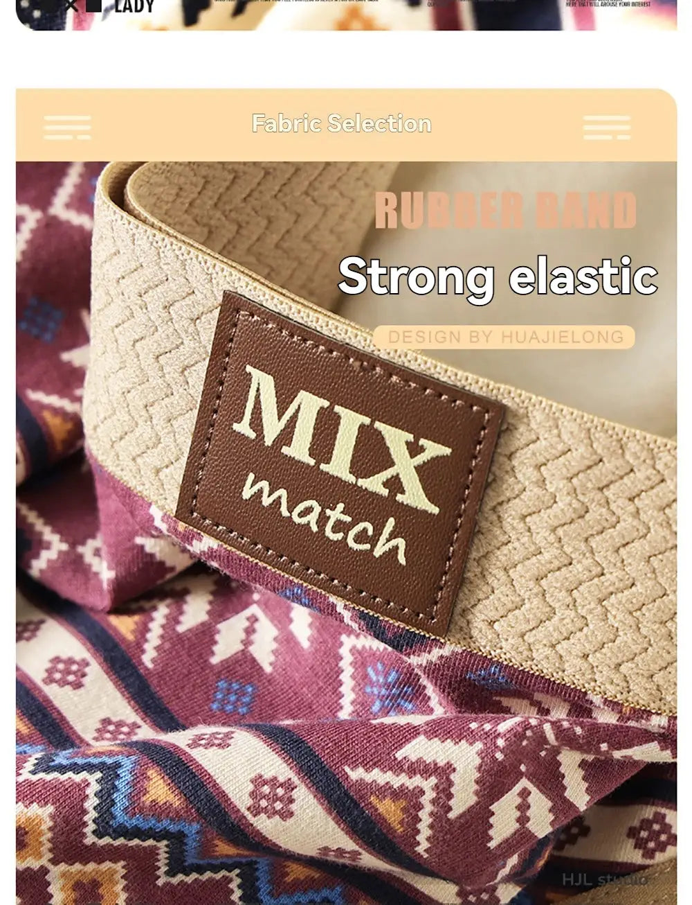 MIX match belt with beige woven strap and brown leather patch on geometric patterned fabric