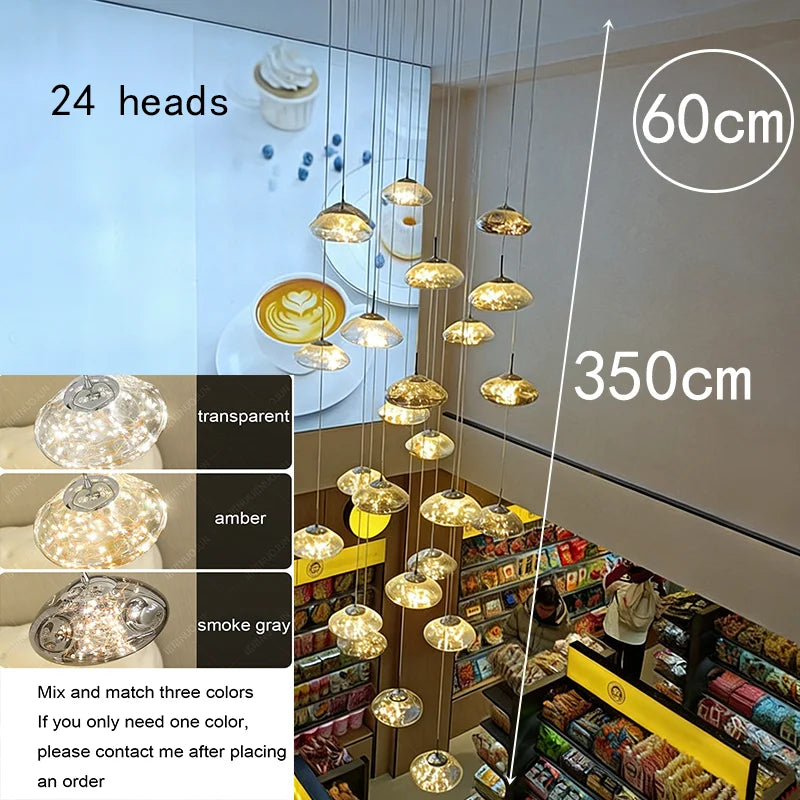 24-glass pendant chandelier for dining room with amber, transparent, and smoke gray glass pendants