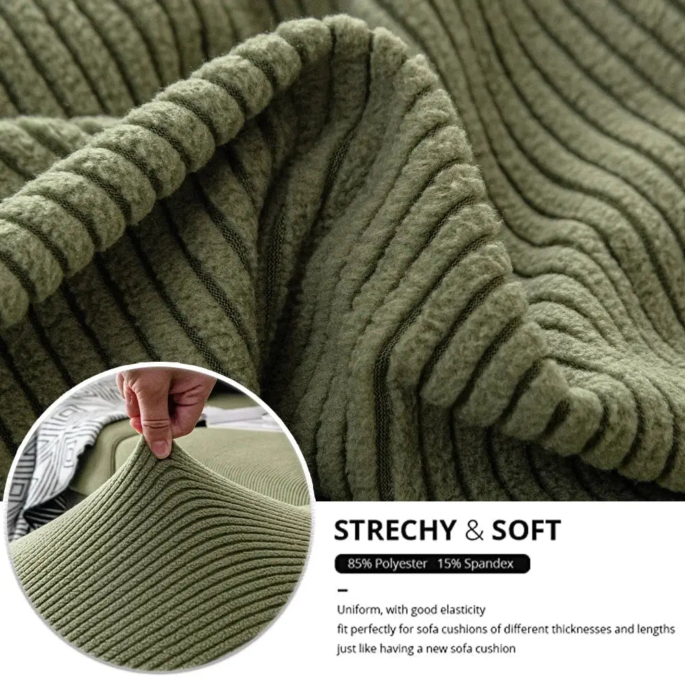 Sofa cushion cover in olive green stretch jacquard fabric with ribbed texture, Simples Market, removable