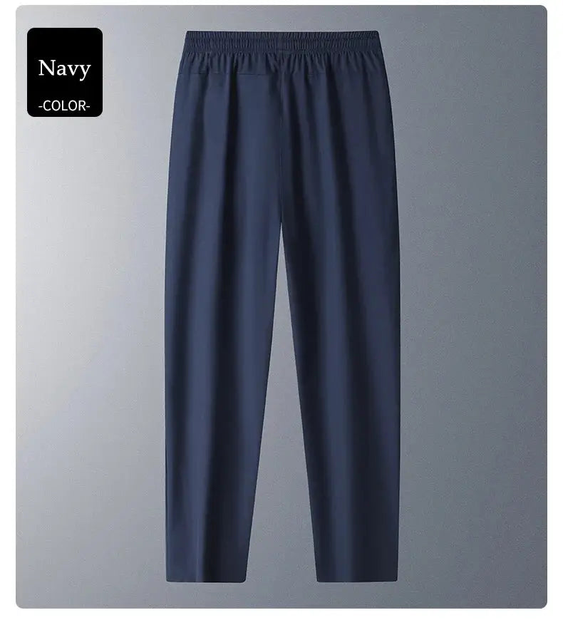 Running pants navy ice-silk cooling fabric with elastic waistband, loose-fit quick-dry trousers