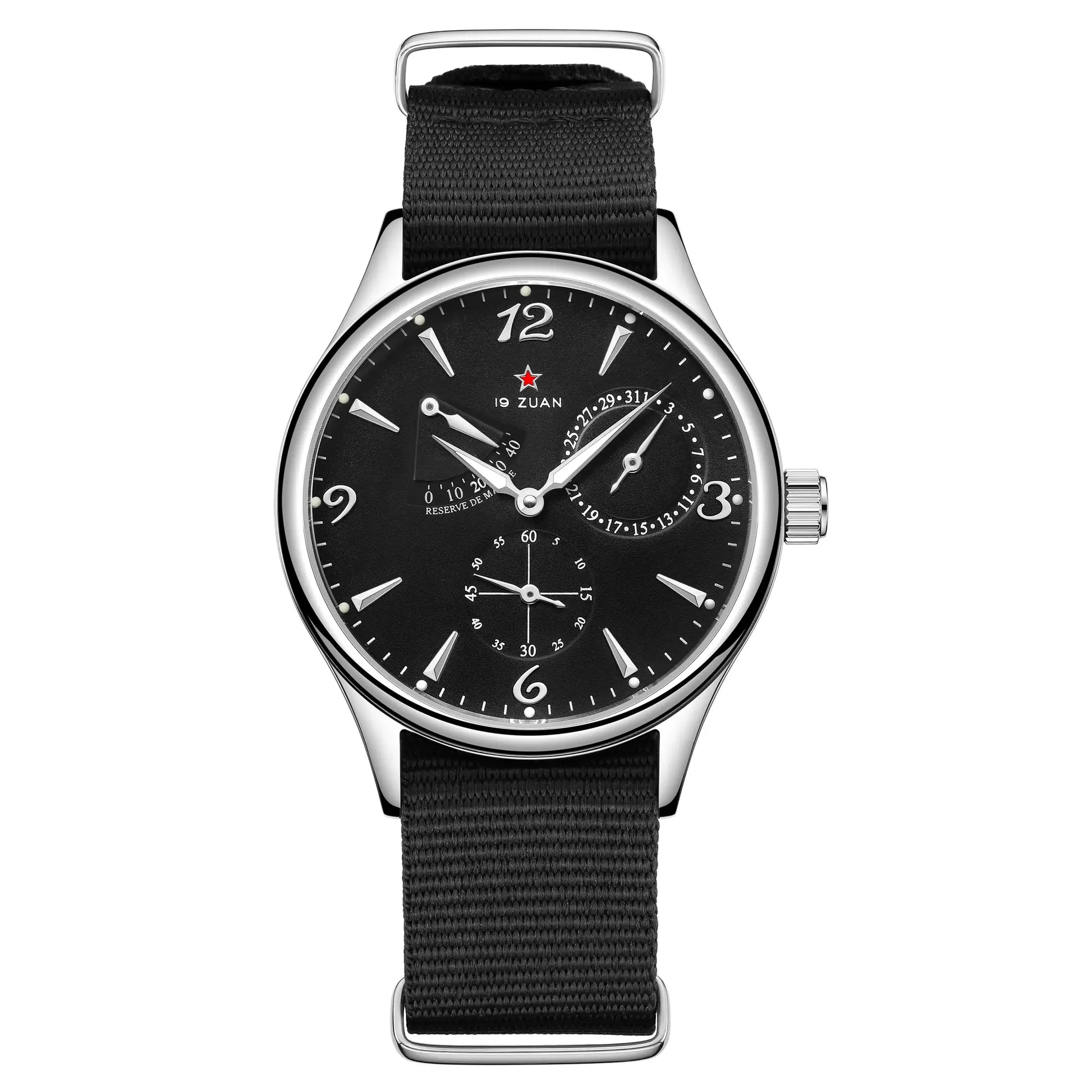 Pilot watch, 40mm men's automatic Seagull ST17, black dial, sapphire crystal, black fabric strap