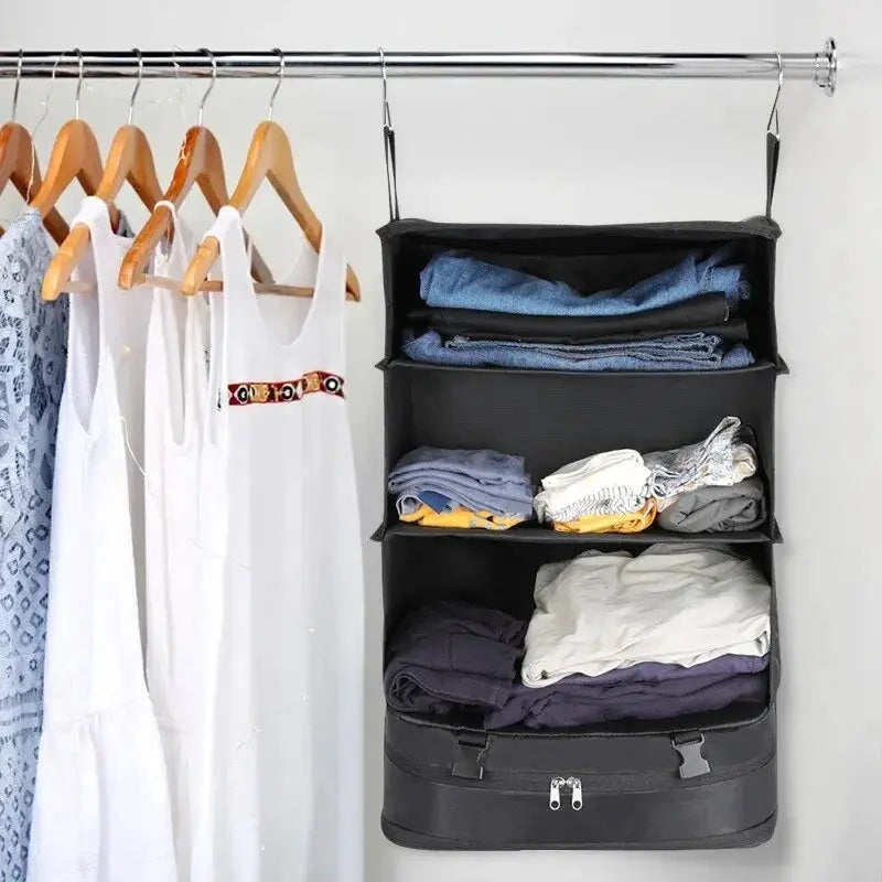 3-in-1 travel hanging garment organizer, black storage bag with multiple shelves and zippered bottom compartment