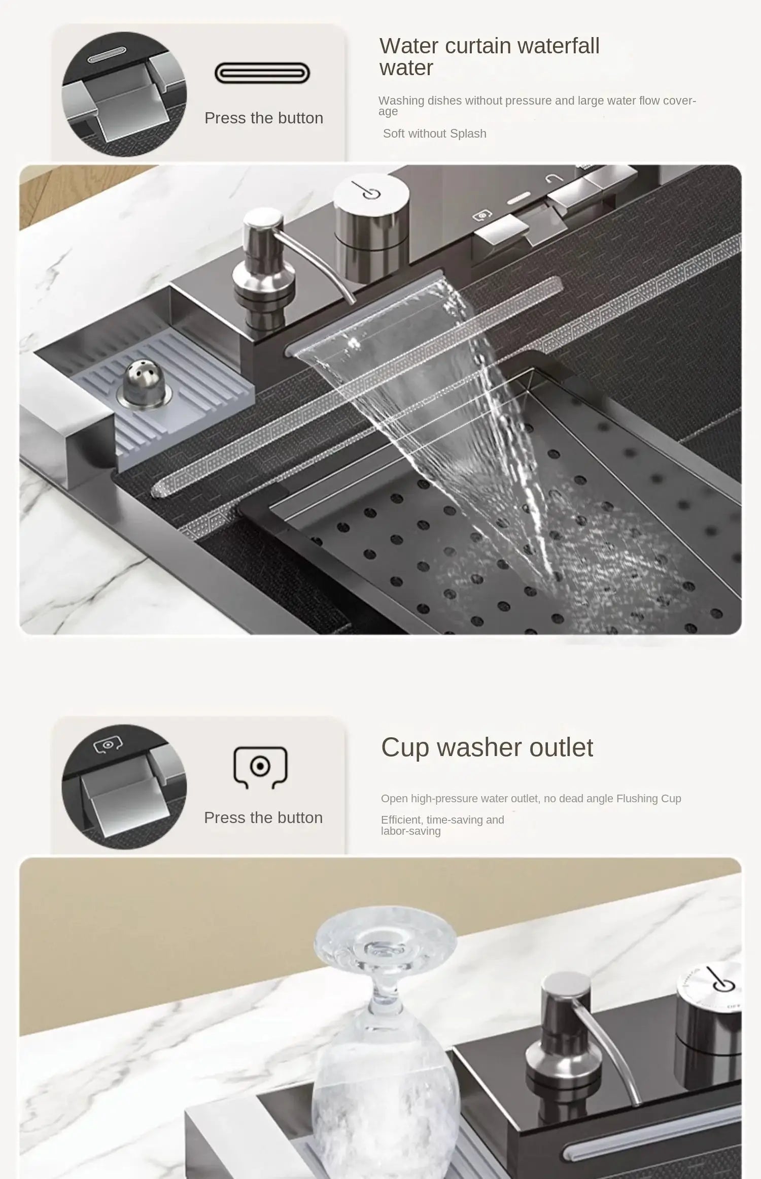 Integrated stainless steel kitchen sink with waterfall faucet, soap dispenser and cup washer outlet