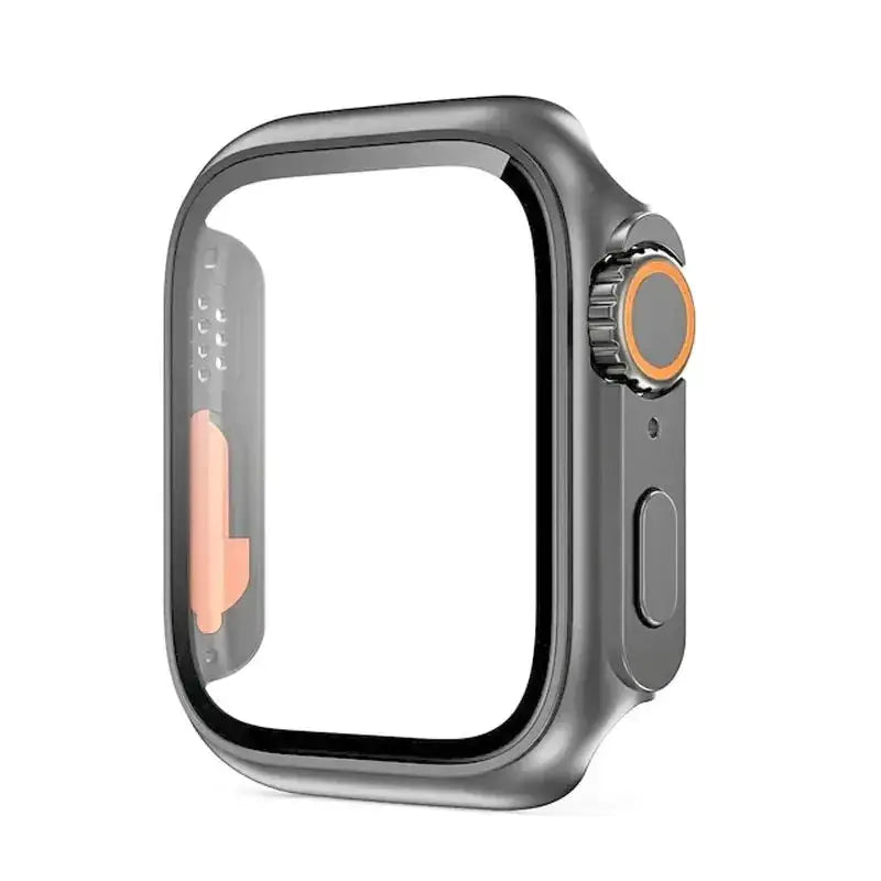 Simples Market Glass Case bumper for Apple Watch in gray metal with orange crown ring, fits 38–46mm Apple Watch models