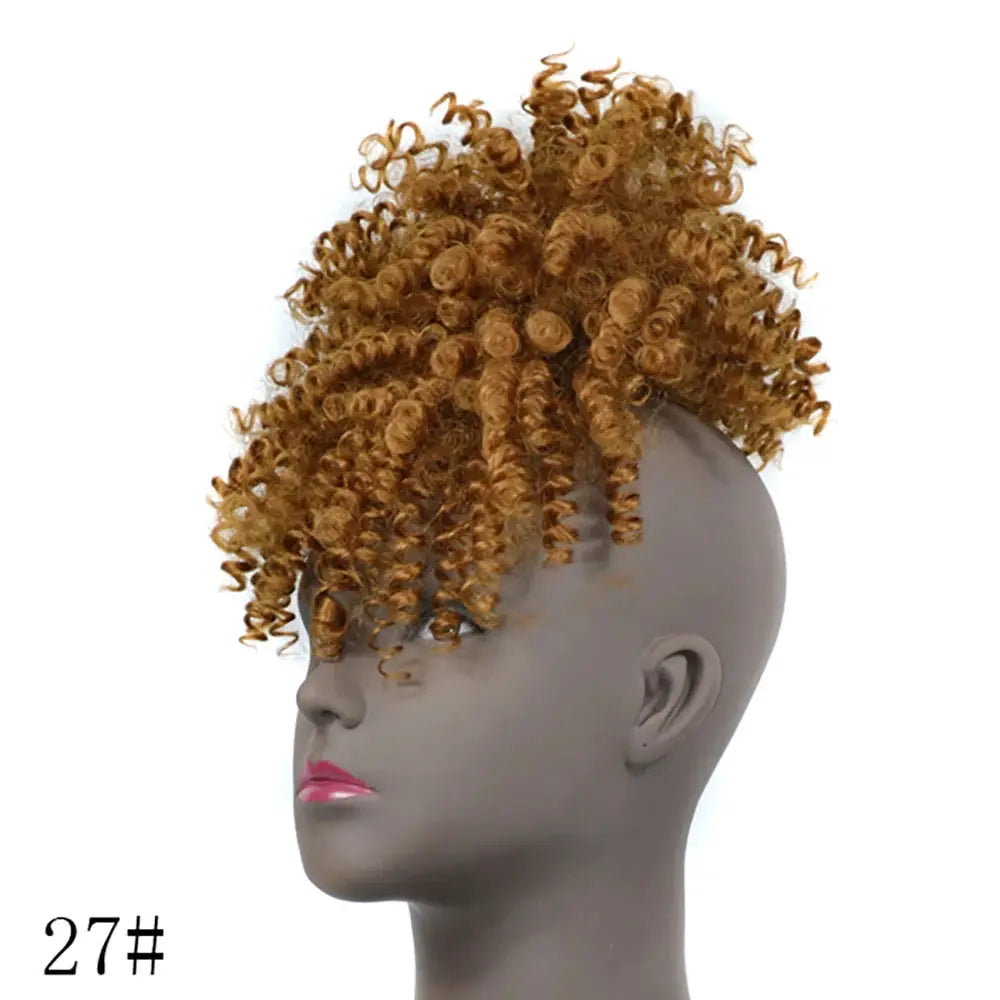 Afro Puff Updo Drawstring Ponytail with Bangs - golden brown kinky-curly synthetic hair