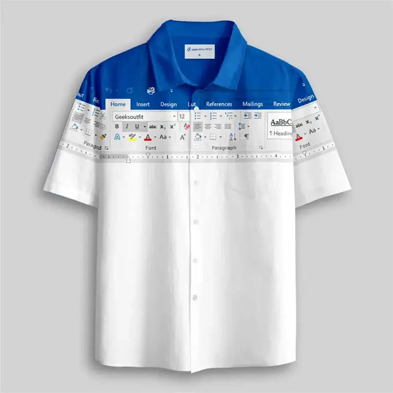 3D Print Excel Spreadsheet Hawaiian Shirt by Simples Market, blue yoke, white body, short-sleeve button-down.