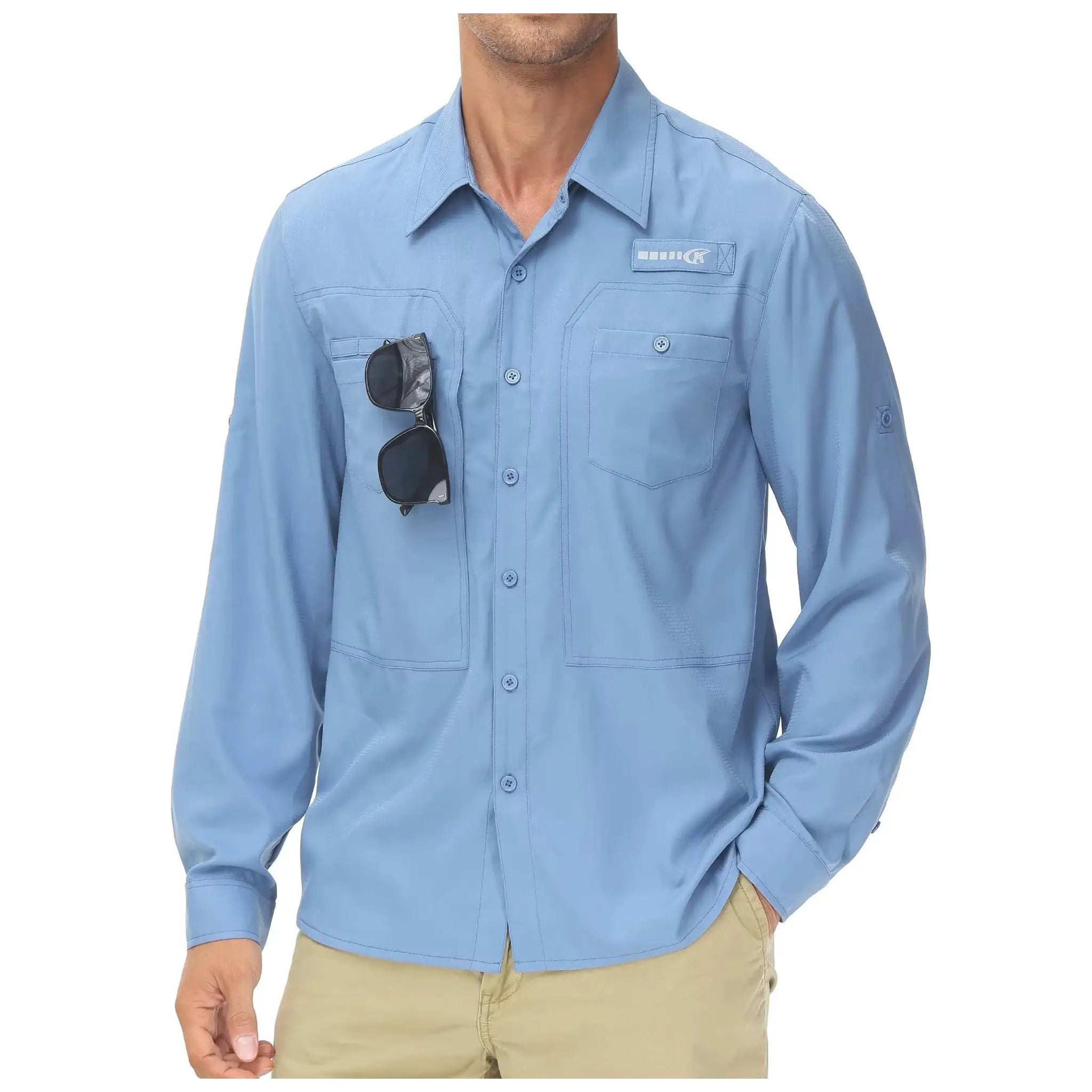 Men's light blue long-sleeve fishing shirt with button-down front and zip chest pocket, sunglasses in pocket.