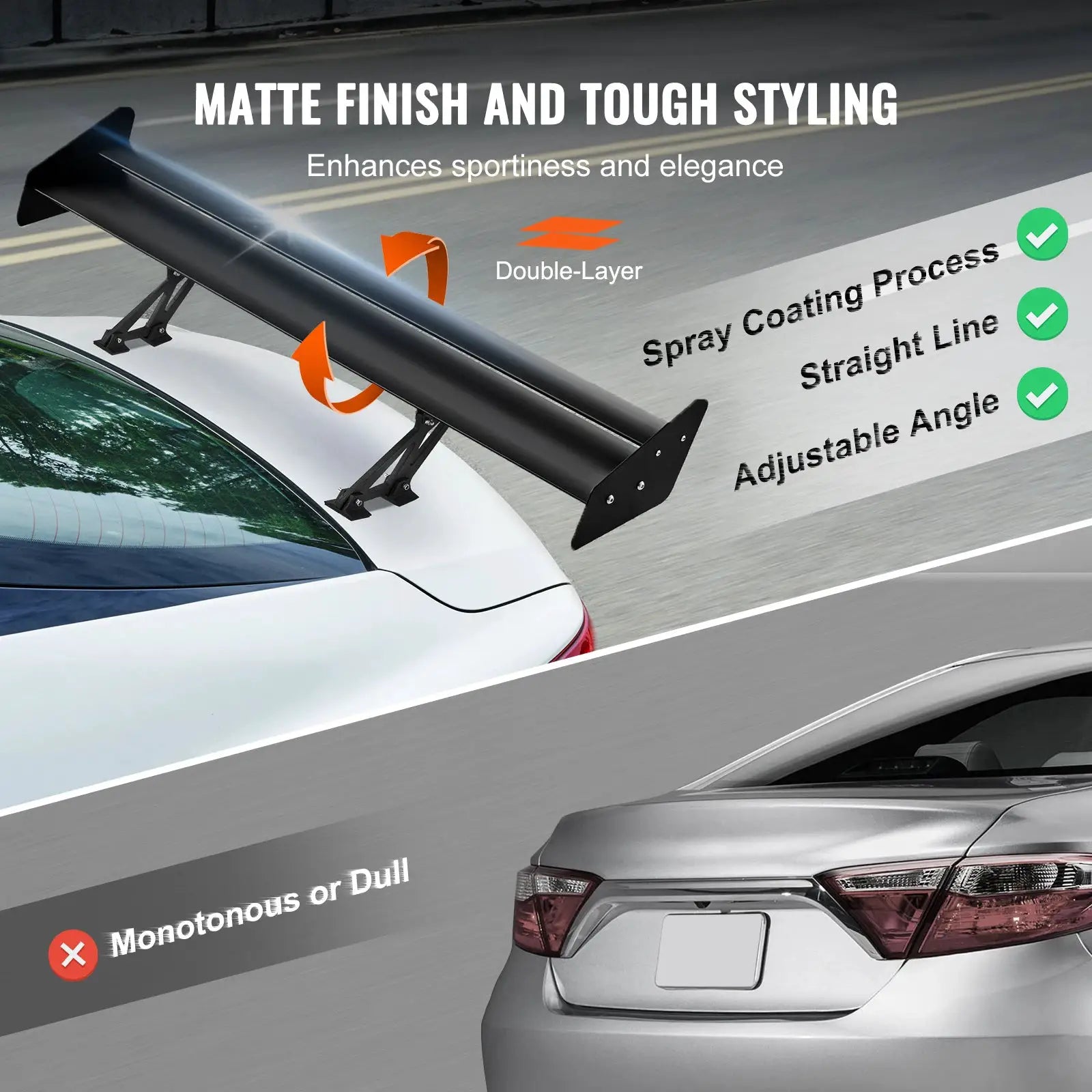 SucceBuy GT Wing car spoiler, matte black 53.1-inch universal double-deck rear wing on a white sedan