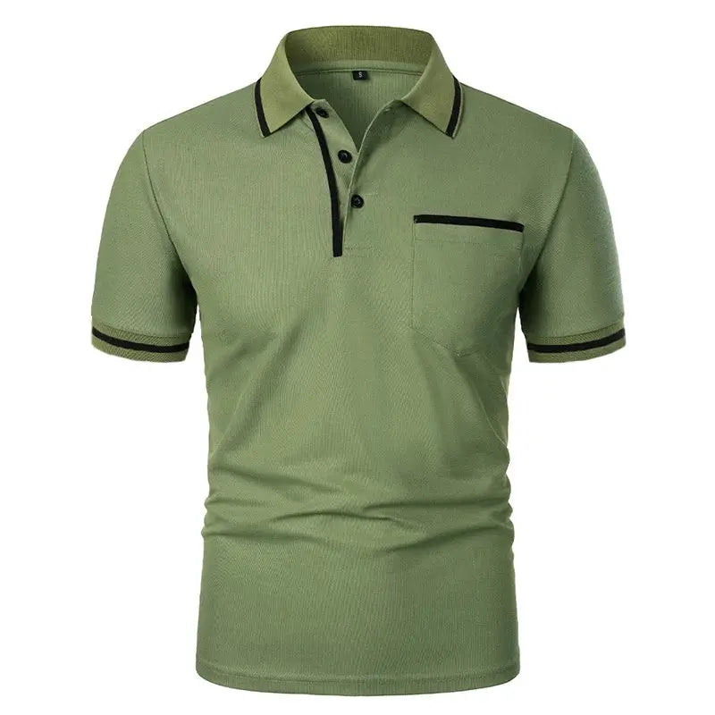 Men's olive green polo shirt with black trim, chest pocket, short sleeves by Simples Market