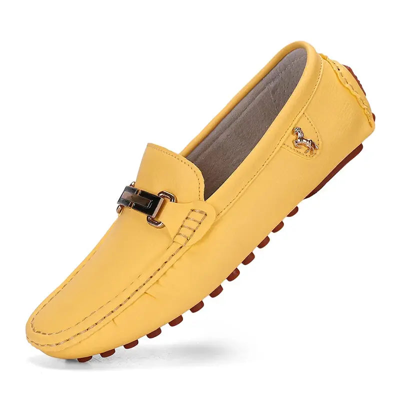 YRZL men's yellow PU leather loafer driving moccasin slip-on with metal buckle