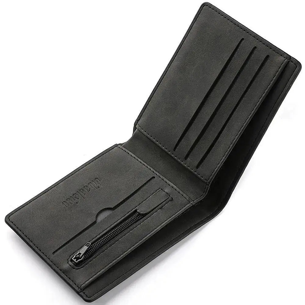 Simples Market black PU leather wallet with multiple card slots, folding design, and zip coin pocket