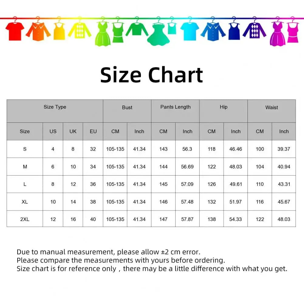Cotton bohemian stripe overalls size chart; sizes S–2XL with bust, pants length, hip, and waist measurements.