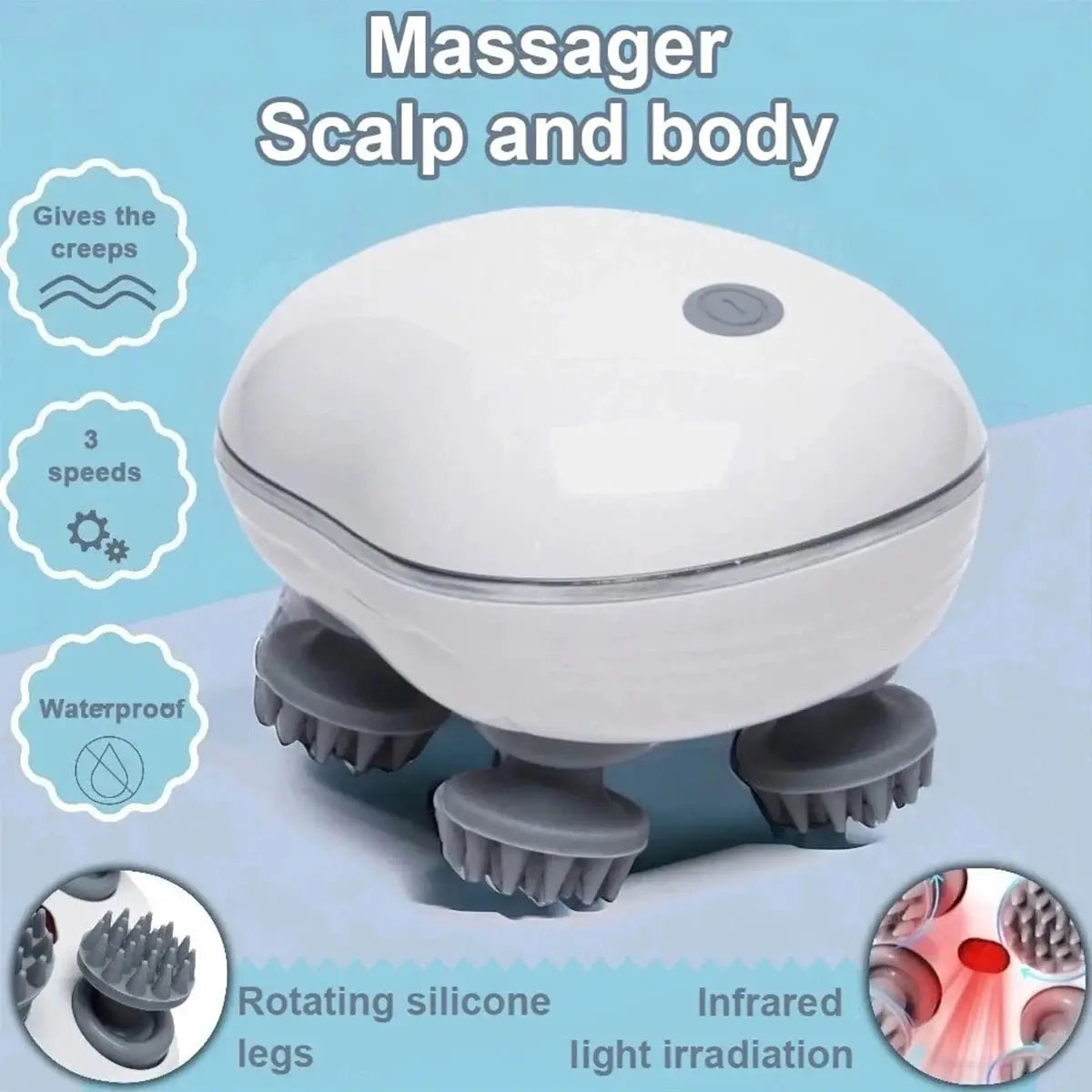 2-in-1 electric scalp cleaner & pet massager by Simples Market, white device with rotating silicone legs