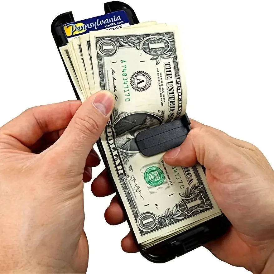 Minimalist black aluminum RFID wallet with clip, holding cash and cards