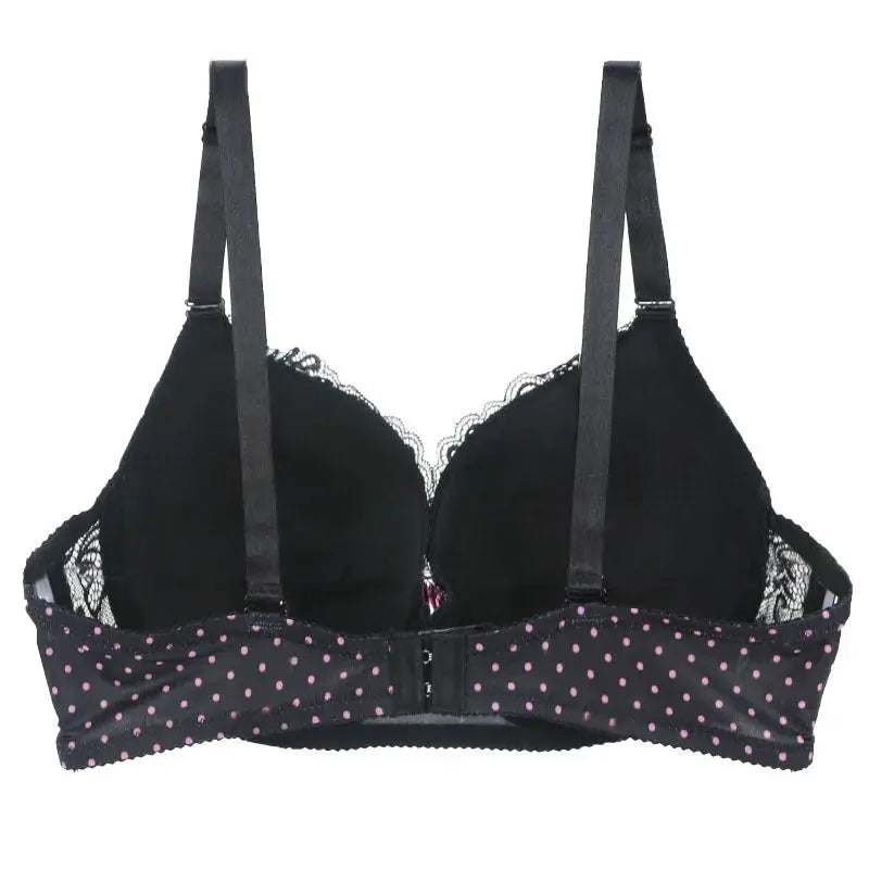 DaiNaFang lace bra by Simples Market, black cups with lace trim and pink polka-dot band