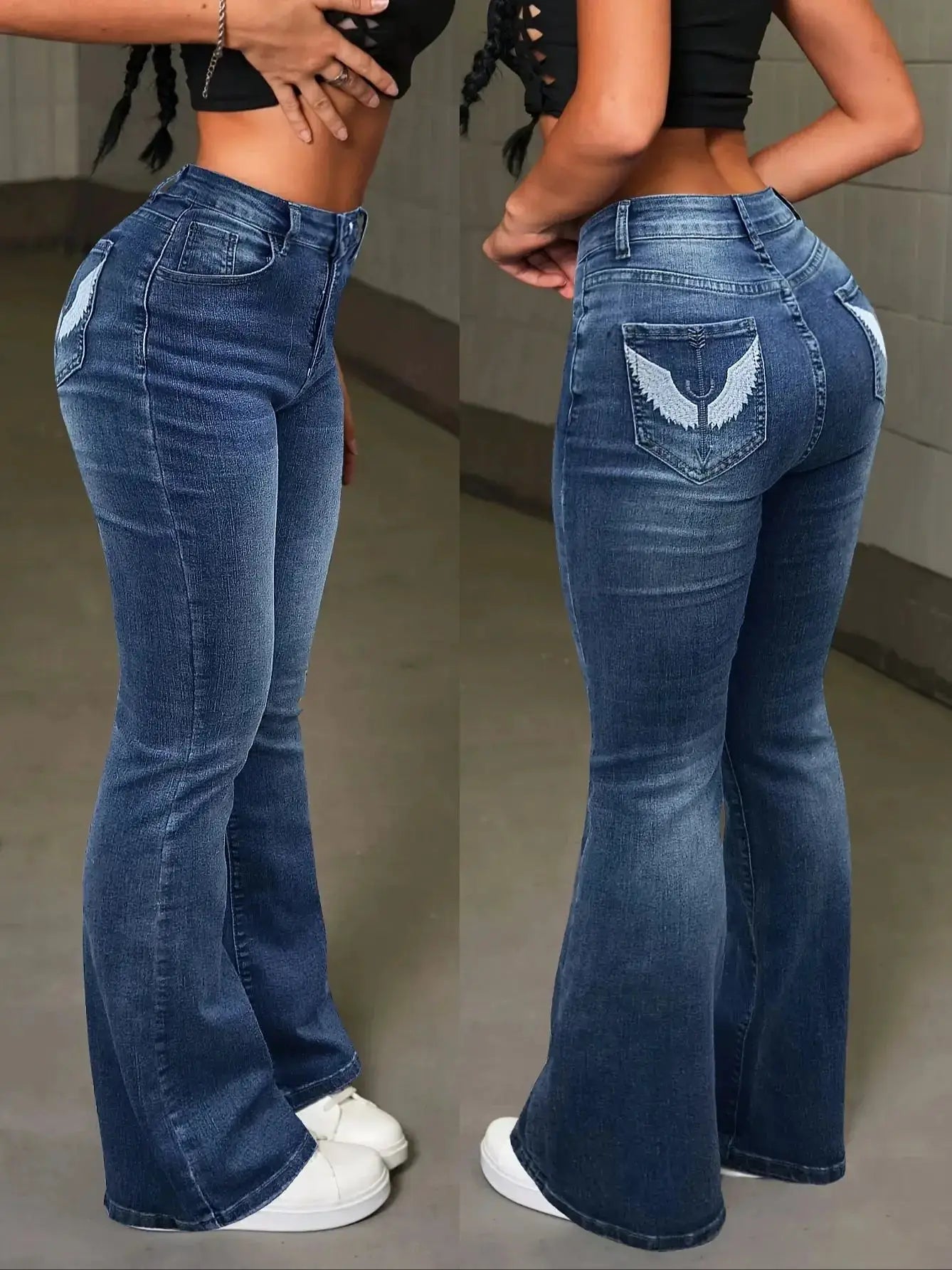 Y2K High Waist Stretch Jeans With Wings Embroidery Flare Leg Festival