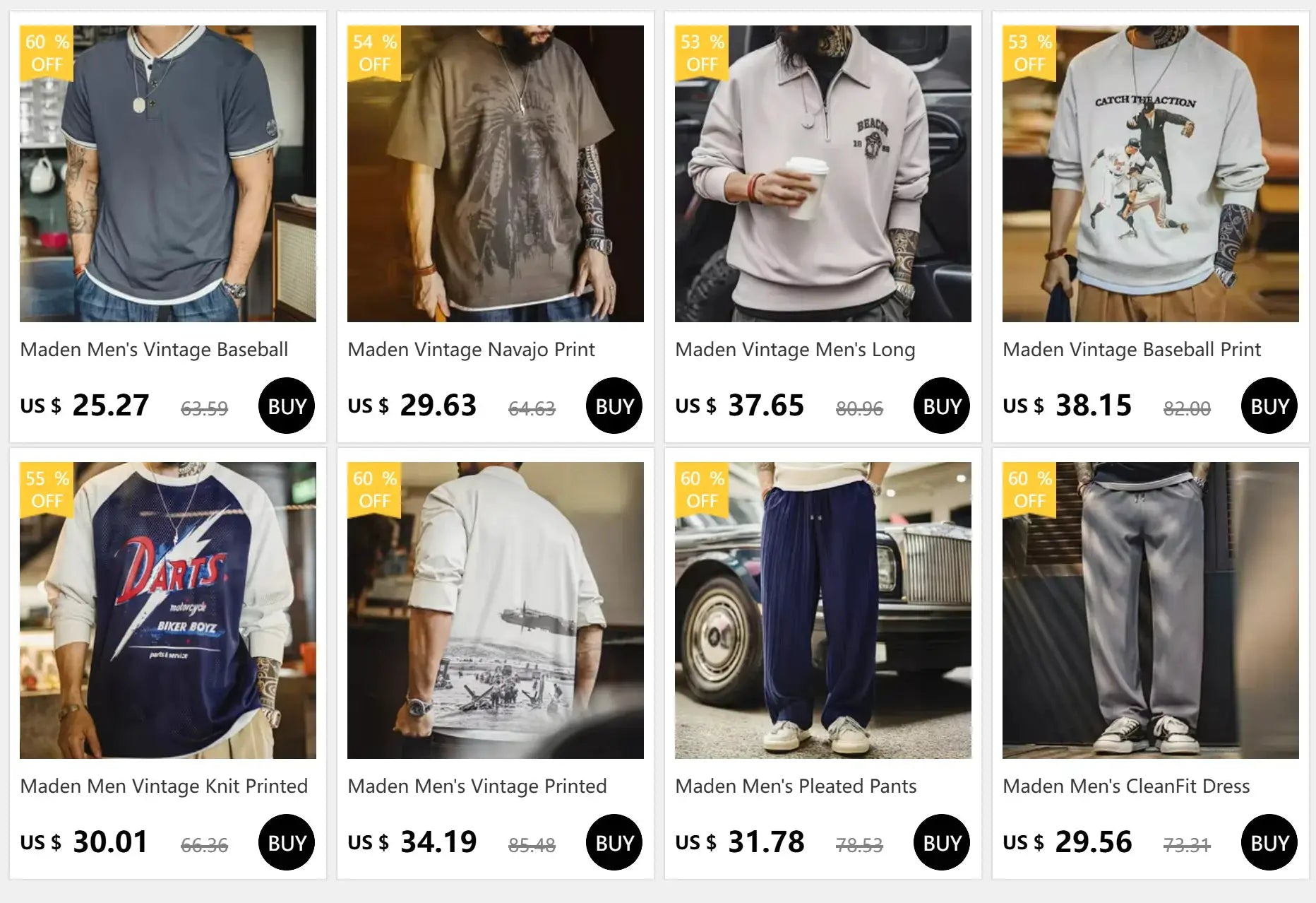 Maden Vintage men's clothing collage; khaki Gurkha pants among assorted tees and hoodies (12 items)