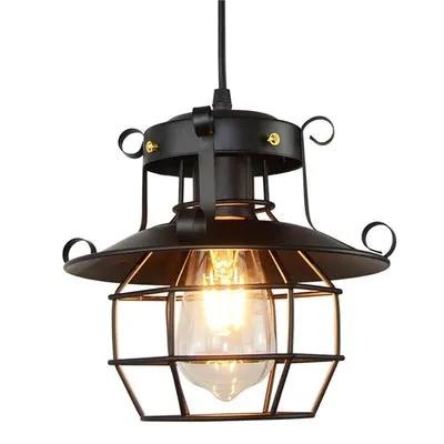 Industrial black metal pendant light with a cage shade, vintage restaurant/bar chandelier.