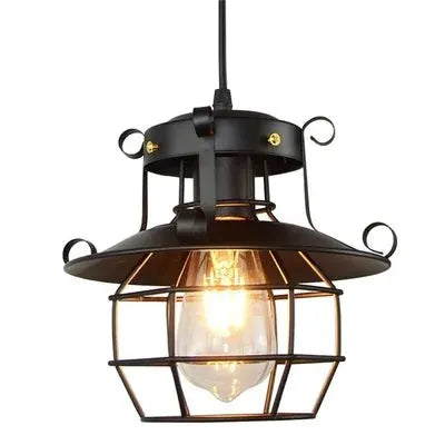 Industrial pendant light with black metal cage frame and exposed Edison bulb.