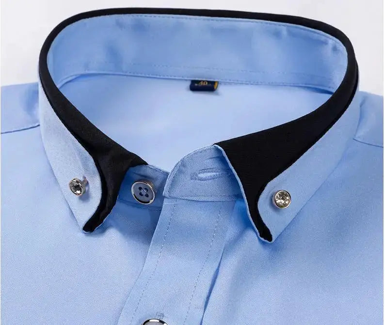 Simples Market men's blue dress shirt with black contrast collar, button-down.