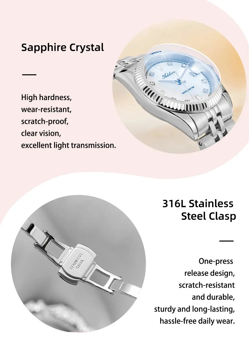 Addies luxury women's watch, 28mm sapphire crystal, 316L stainless steel case and bracelet, 50m water resistant