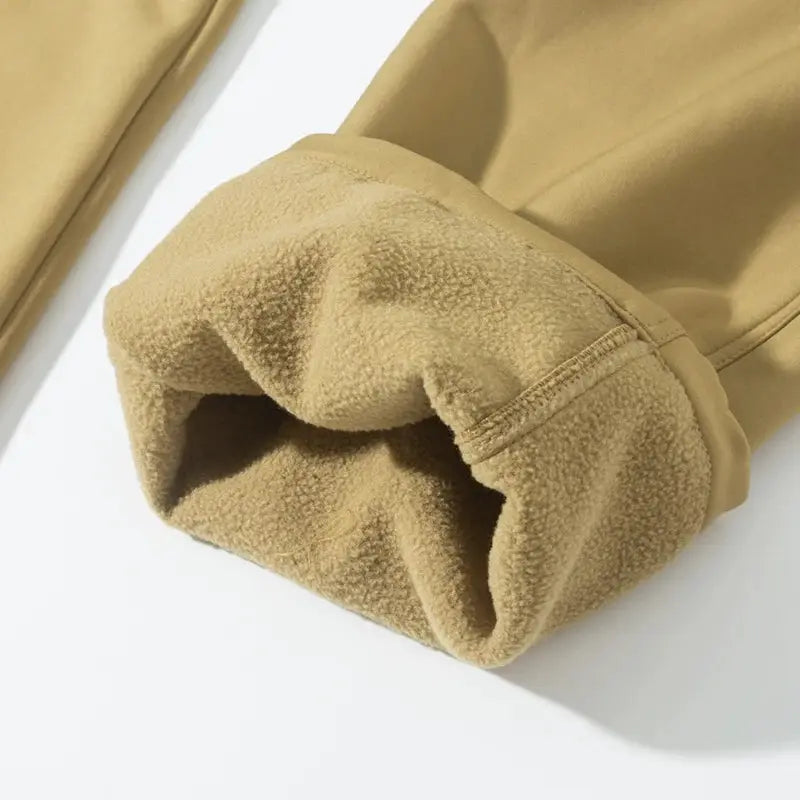 Men's fleece-lined cargo hiking pants, tan softshell for trekking and camping