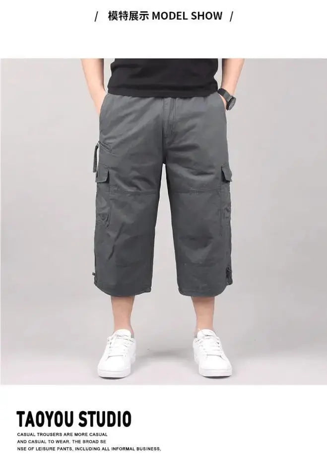 Men's gray cargo shorts TAOYOU STUDIO, knee-length, multi-pocket, elastic waist, large size, outdoor casual wear