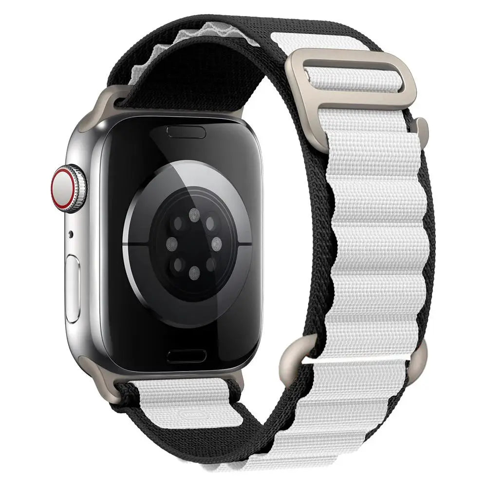 Apple Watch band by Simples Market; nylon Alpine strap in black and white for 40–49mm models