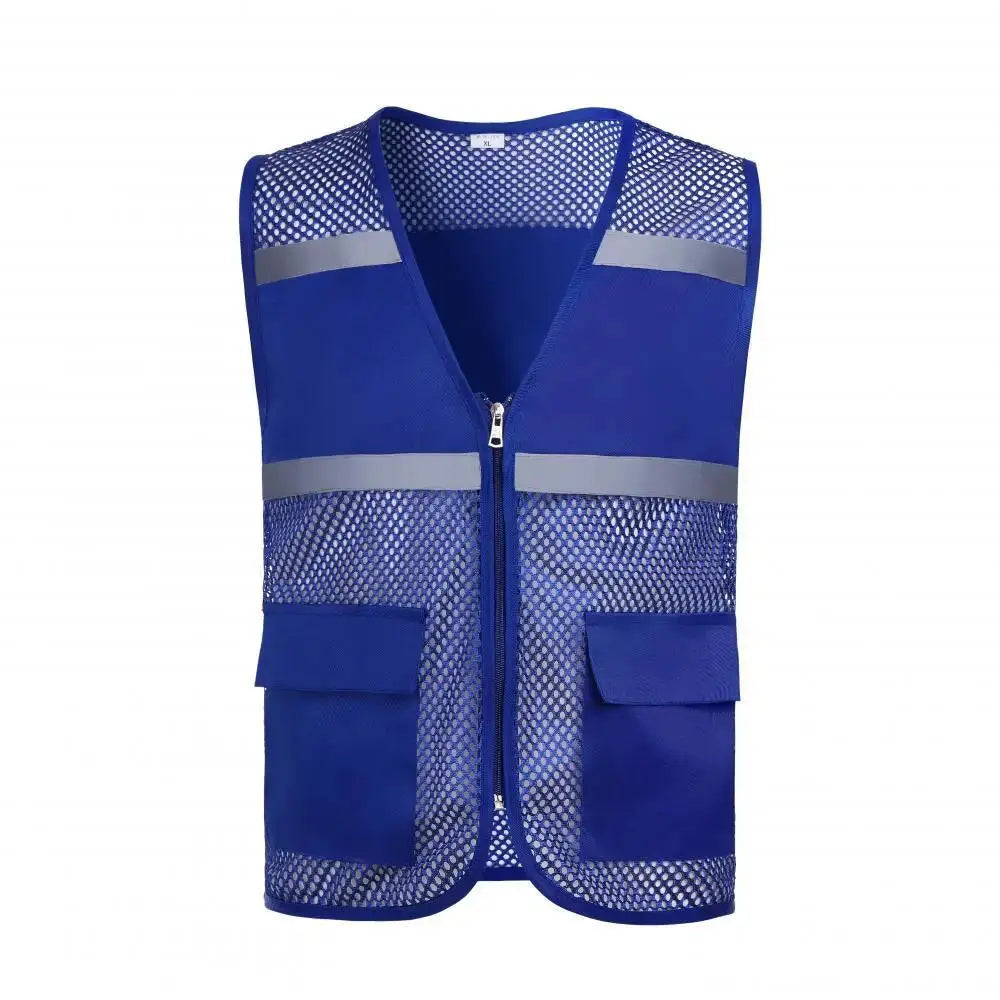 Simples Market blue mesh volunteer fishing safety vest with reflective bands, front zipper, and two large pockets.