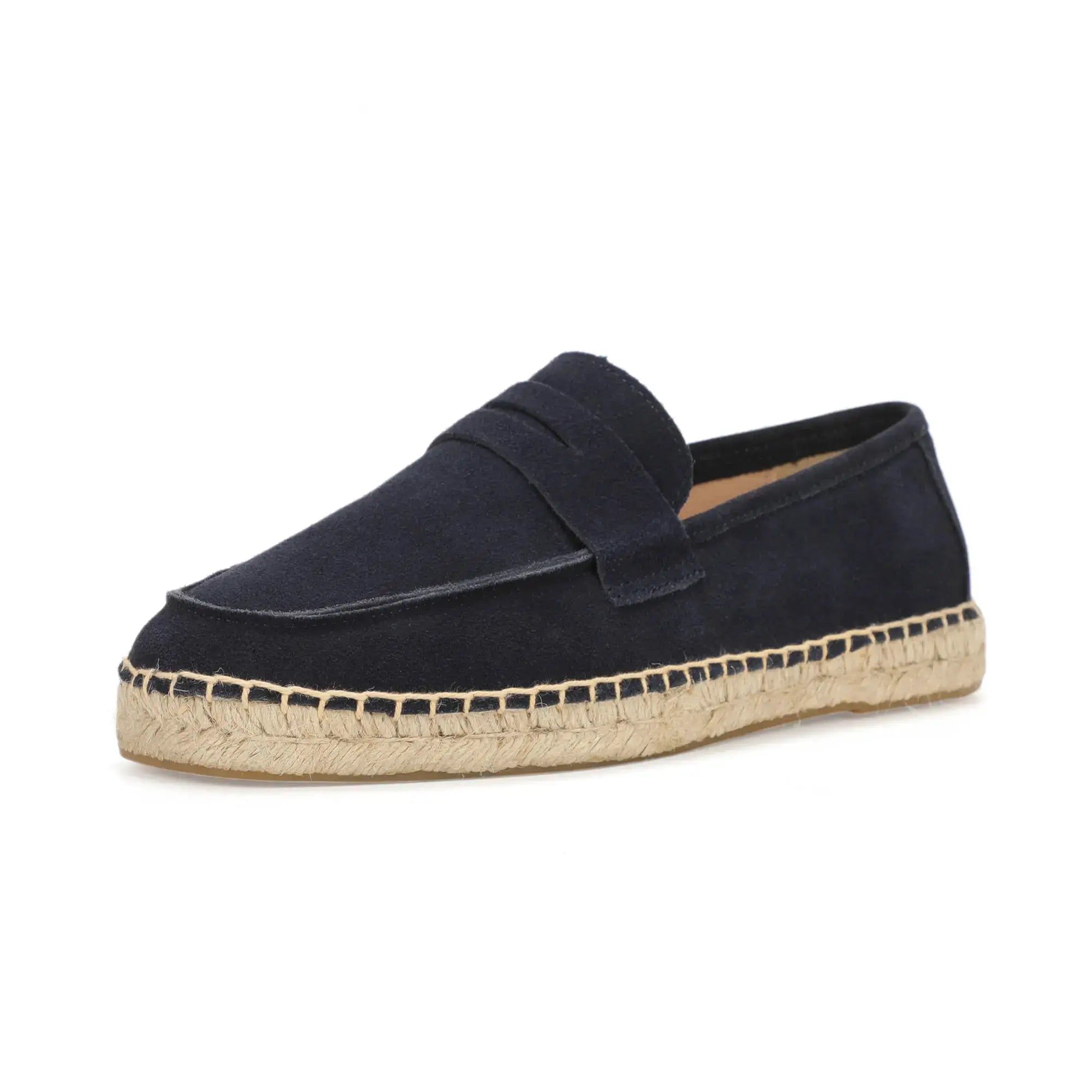 Men's navy suede espadrille loafers with jute-wrapped sole, slip-on casual shoes