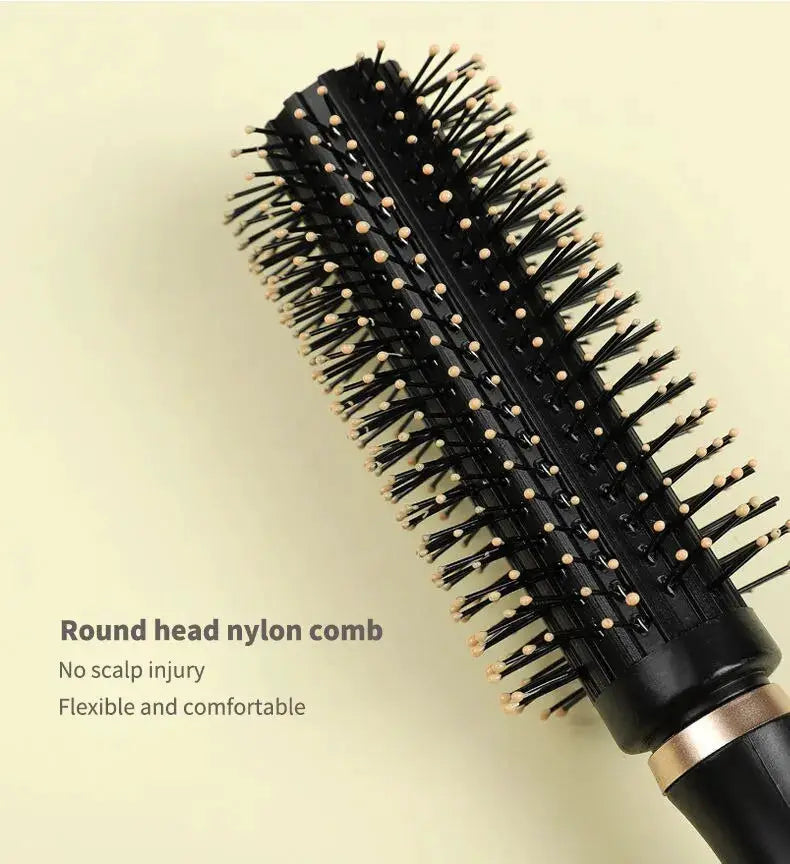 Round head nylon hair brush with anti-static massage bristles, black with beige tips