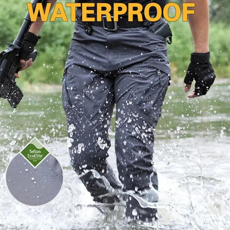 Simples Market men's gray waterproof tactical cargo pants with multiple pockets and Teflon EcoElite coating