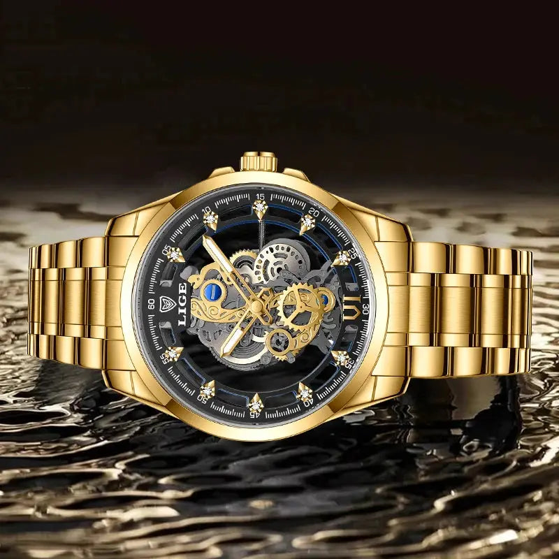 LIGE gold stainless steel men's skeleton watch with exposed gears and bracelet