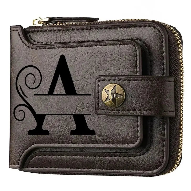 Personalized PU leather short brown bifold wallet with zipper and strap, featuring a large A monogram.